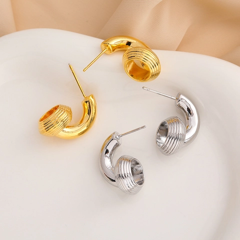 Orecchini A Cerchio A Forma Di C Da Donna Minimalisti Retro Geometrici Trama Filettata Rame Placcato Oro 18K