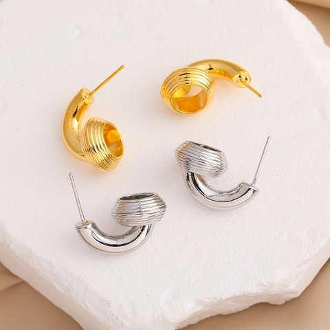 Orecchini A Cerchio A Forma Di C Da Donna Minimalisti Retro Geometrici Trama Filettata Rame Placcato Oro 18K