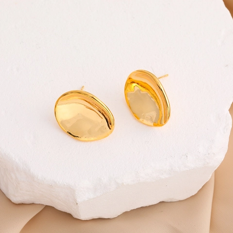 Irregular Oval Stud Earrings Copper 18K Gold Plated Flower Petal Leaf Geometric Smooth Polished Minimalist Jewelry Women