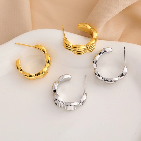 Croissant Ripple Textured C Hoop Earrings Plated Copper With 925 Sterling Silver Earring Post For Women Vintage