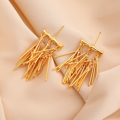 Tassel Drop Earrings 18K Gold Plated Copper Bamboo Texture Long Fringe Elegant Dangle Jewelry For Women