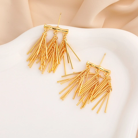 Tassel Drop Earrings 18K Gold Plated Copper Bamboo Texture Long Fringe Elegant Dangle Jewelry For Women