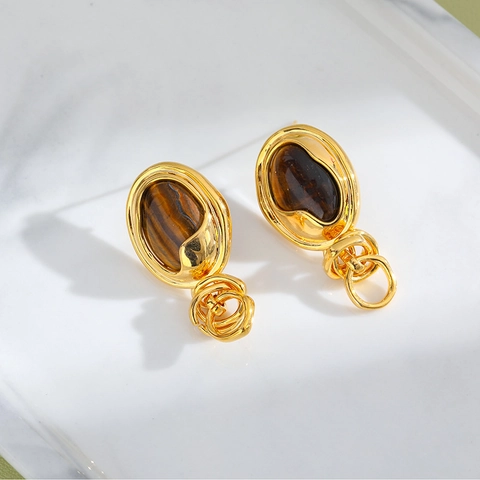 Retro Vintage Copper Dangle Earrings With Tiger Eye Style Resin And Geometric Metal Loops For Women