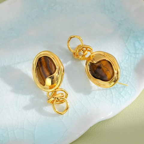 Retro Vintage Copper Dangle Earrings With Tiger Eye Style Resin And Geometric Metal Loops For Women