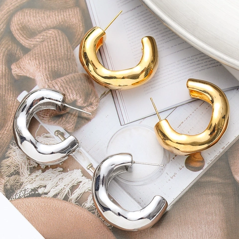 Orecchini A Cerchio Intrecciati A Forma Di C Da Donna In Rame Texture Martellata Con Perno In Argento Sterling 925