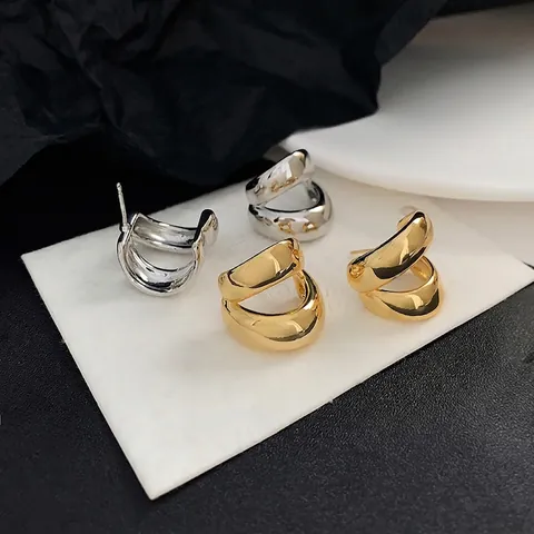 Orecchini A Lobo A Forma Di C A Doppio Strato Rame Lucidato Placcato Oro Con Perno In Argento Sterling 925 Moderni