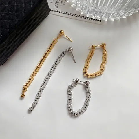 Geometrische Wafel Ketting Kwastje Hangoorbellen Koper Verguld Met 925 Sterling Zilveren Oorsteker Modern