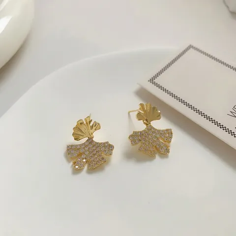 Σκουλαρίκια Ginkgo Από Χαλκό Με Ζιργκόν Και 925 Sterling Silver Earring Post Κομψό Πολυτελές Κορεάτικο Στυλ Για Γυναίκες