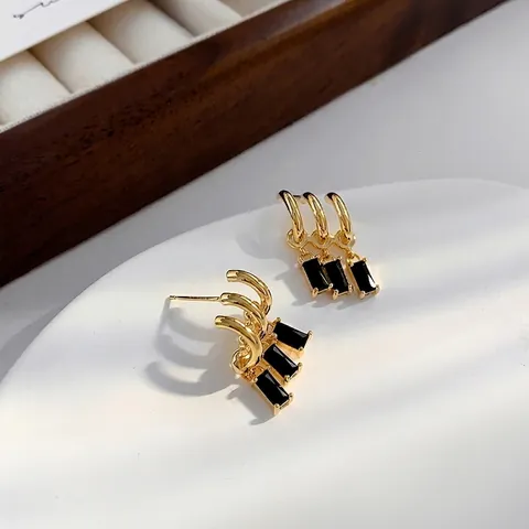 C-Shaped Tassel Stud Earrings Geometric Copper Zircon With 925 Sterling Silver Earring Post 18K Gold Plated For Women