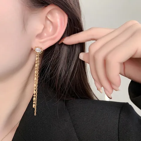 Elegant Long Chain Tassel Drop Earrings With 18K Gold Plated Copper And Zircon 925 Sterling Silver Earring Post For Women