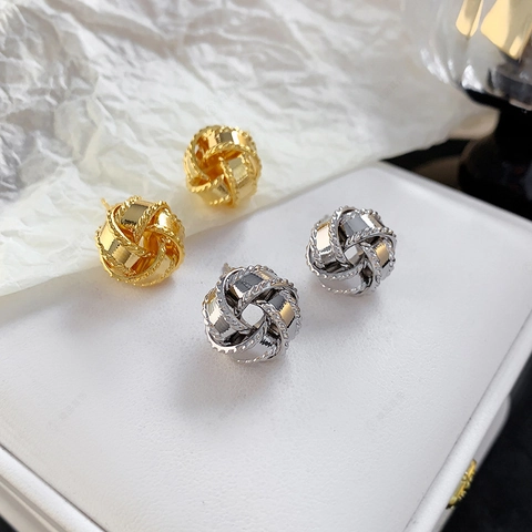 Pendientes De Botón Con Nudo Tejido Esférico Cobre Bañado En Oro De 18K Con Poste De Plata Esterlina 925 Mujer