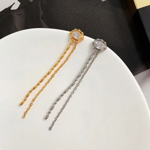Elegant Long Chain Tassel Drop Earrings With 18K Gold Plated Copper And Zircon 925 Sterling Silver Earring Post For Women