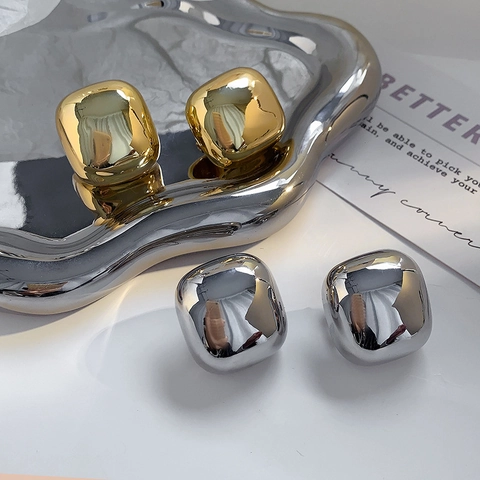 Orecchini A Lobo Quadrati Chunky Rame Finitura Specchio Con Perno In Argento Sterling 925 Minimalista Donne