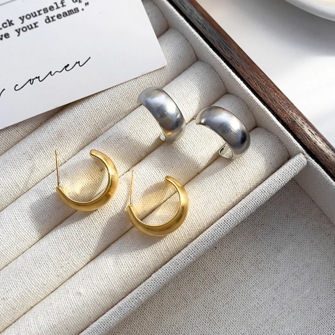 Minimalist C-Shape Stud Earrings With 925 Sterling Silver Earring Post Copper Gold Plated Brushed Matte Geometric Jewelry