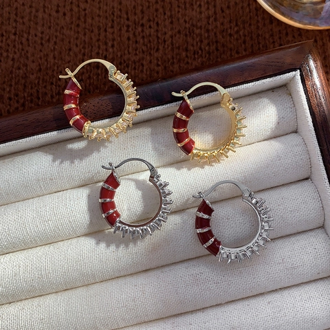 Red Enamel Copper Hoop Earrings Micro Inlaid Cubic Zirconia Segmented Caterpillar Design Retro Style Jewelry For Women