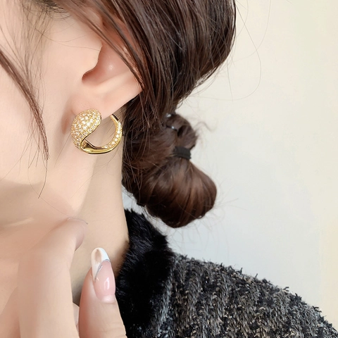 Luxury C-Shaped Pavé Zircon Stud Earrings With 925 Sterling Silver Earring Post Copper Foxtail Jewelry For Women