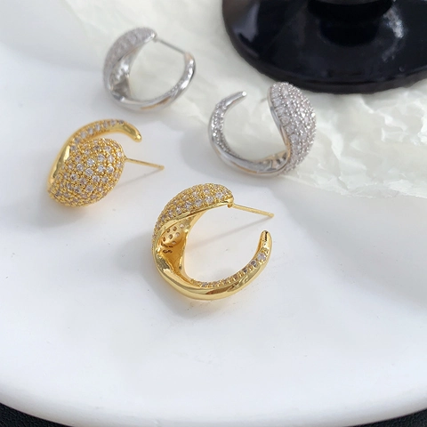 Luxury C-Shaped Pavé Zircon Stud Earrings With 925 Sterling Silver Earring Post Copper Foxtail Jewelry For Women