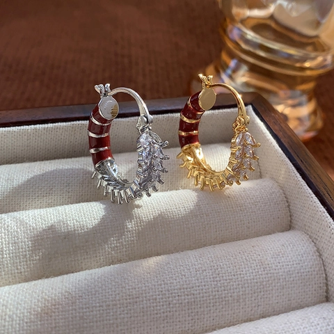Red Enamel Copper Hoop Earrings Micro Inlaid Cubic Zirconia Segmented Caterpillar Design Retro Style Jewelry For Women