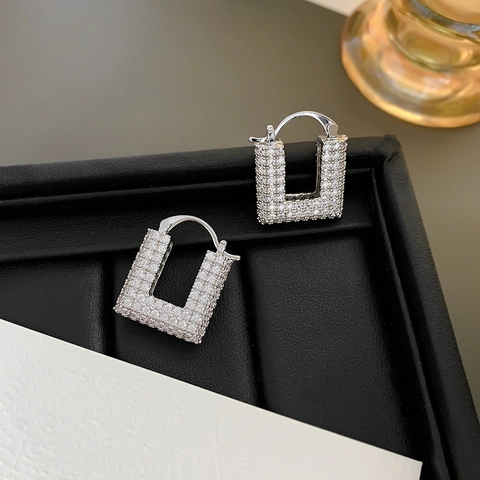 Boucles D'oreilles Créoles Géométriques En U Cuivre Plaqué Or 24K Micro Pavé Zircone Rectangle Style Français Femmes