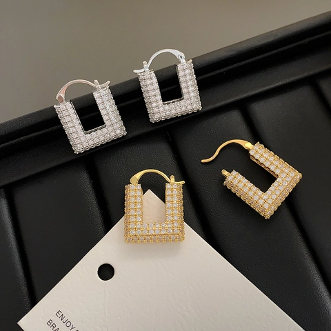 Boucles D'oreilles Créoles Géométriques En U Cuivre Plaqué Or 24K Micro Pavé Zircone Rectangle Style Français Femmes