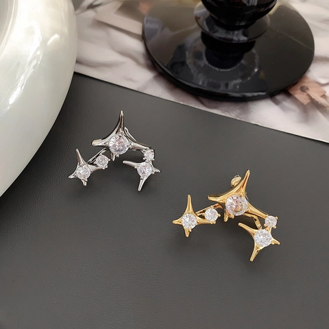 Eight Pointed Star Stud Earrings Copper Gold Plated Zircon Ice Flower With 925 Sterling Silver Earring Post For Women