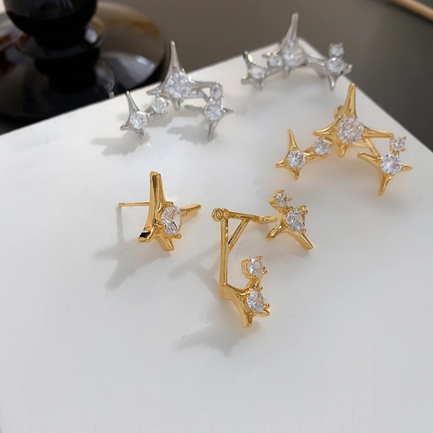 Eight Pointed Star Stud Earrings Copper Gold Plated Zircon Ice Flower With 925 Sterling Silver Earring Post For Women