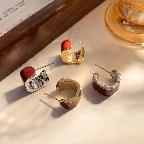 Geometrische C-Vorm Hoop Oorbellen Messing 18K Verguld Met 925 Sterling Zilveren Oorsteker Emaille Vintage Stijl Voor Dames
