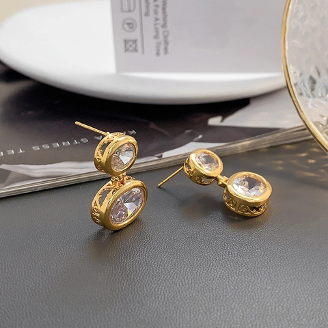 Double Oval Cubic Zirconia Drop Earrings With 925 Sterling Silver Earring Post Luxury Geometric Copper Jewelry For Women