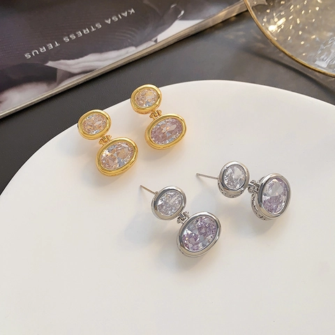 Double Oval Cubic Zirconia Drop Earrings With 925 Sterling Silver Earring Post Luxury Geometric Copper Jewelry For Women