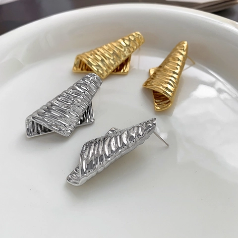Irregular Wrinkled Texture Geometric Ear Studs Copper Real Gold Plated Minimalist High End Style For Women