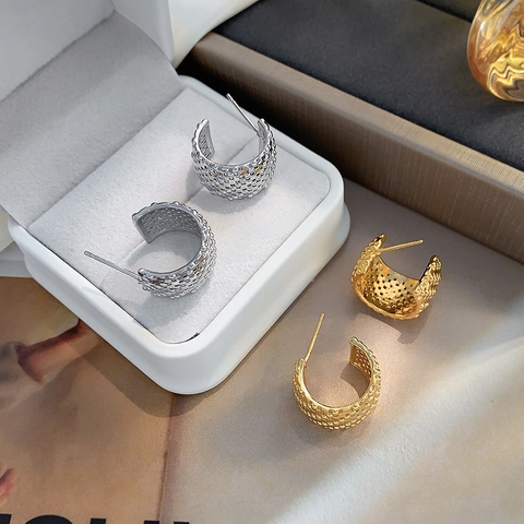 Chunky C-Shaped Wide Hoop Earrings Copper Textured Beaded Design With 925 Sterling Silver Earring Post For Women Vintage
