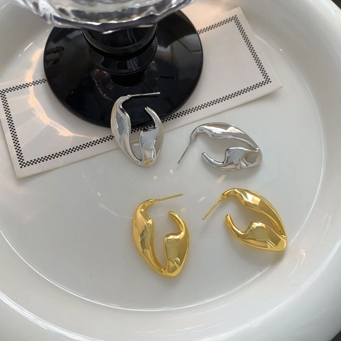 Orecchini A Lobo Geometrici Irregolari In Rame Texture Metallo Liquido Lucidato Minimalista Moda Per Donne
