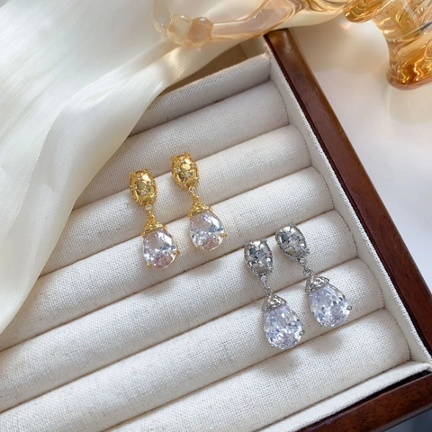 Wassertropfen Zirkonia Hängeohrringe Kupfer Echtgold Vergoldet Mit 925 Sterling Silber Ohrstecker Elegant