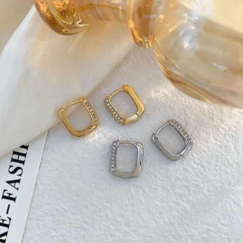 U-Shaped Hoop Earrings Elegant Zircon Inlaid Copper Gold Plated Geometric Rectangular Ear Buckles For Women Light Luxury