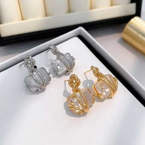 Koperen Oorknopjes Rechthoekige Zirkoon Echt Verguld Gedraaid Draad Geometrische Mode-Sieraden Voor Vrouwen