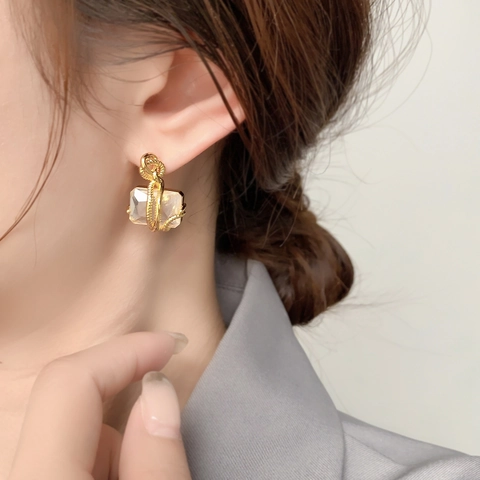 Koperen Oorknopjes Rechthoekige Zirkoon Echt Verguld Gedraaid Draad Geometrische Mode-Sieraden Voor Vrouwen