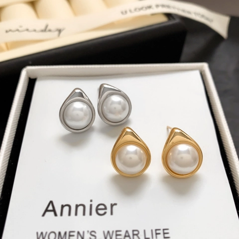 Teardrop Artificial Pearl Stud Earrings With 925 Sterling Silver Earring Post Copper Minimalist Elegant French Vintage For Women