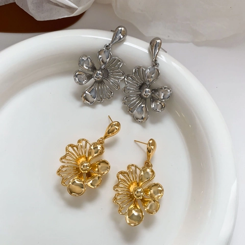 Kupfer Hohl Blumen Tropfen Ohrringe Mit 925 Sterling Silber Ohrstecker Retro Elegante Statement Schmuck Für Damen