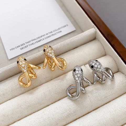 Snake Stud Earrings Pave Cubic Zirconia Copper Jewelry With 925 Sterling Silver Earring Post Animal Style For Women