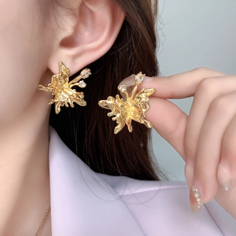 Butterfly Stud Earrings With 925 Sterling Silver Earring Post Liquid Metal Plated Brass Artistic Zircon Jewelry For Women