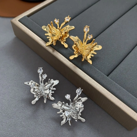 Butterfly Stud Earrings With 925 Sterling Silver Earring Post Liquid Metal Plated Brass Artistic Zircon Jewelry For Women