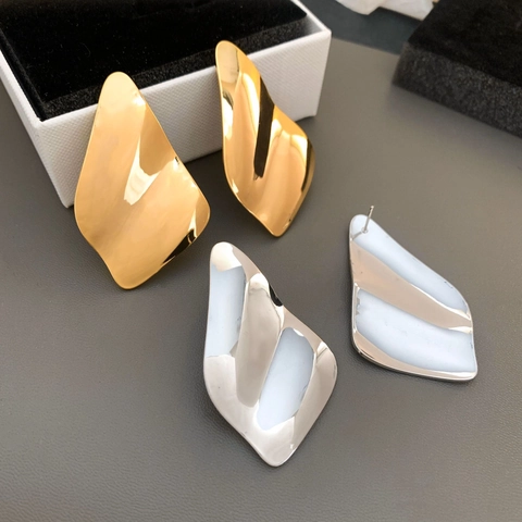 Exaggerated Irregular Wave Geometric Stud Earrings 18K Gold Plated Copper High Polish Mirror Finish Fashion Jewelry Women