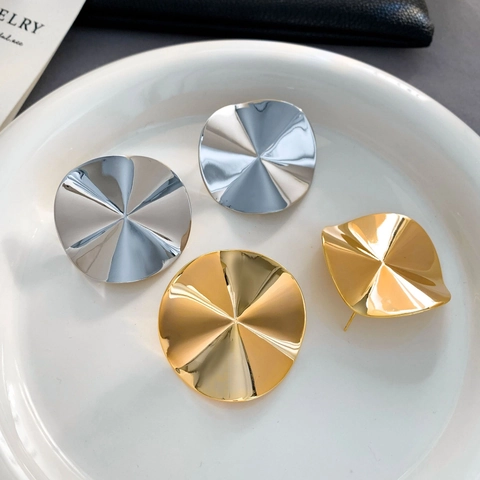 Runde Geometrische Kupfer Ohrstecker Mit 925 Sterling Silber Ohrstift Vergoldet Radial Plissierte Welle Für Damen