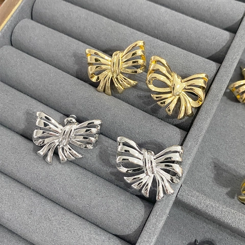 Bow Stud Earrings 18K Gold Plated Copper Ribbon Hollow Design With 925 Sterling Silver Earring Post For Women Elegant