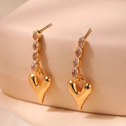 Heart Drop Earrings With Marquise Zircon Copper 18K Gold Plated 925 Sterling Silver Earring Post Elegant For Women