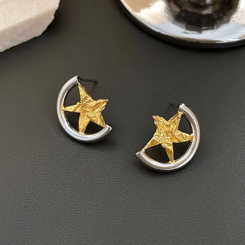 Irregular Star Moon Stud Earrings Two Tone Hammered Texture Copper Jewelry With 925 Sterling Silver Earring Post