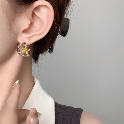 Irregular Star Moon Stud Earrings Two Tone Hammered Texture Copper Jewelry With 925 Sterling Silver Earring Post