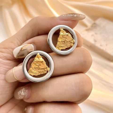 Zweifarbige Geometrische Ohrstecker Mit 925 Sterling Silber Stift Gehämmertes Dreieck Kupfer 18K Vergoldeter Schmuck Damen
