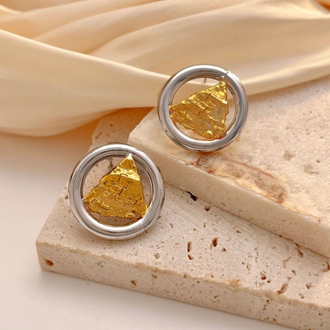 Zweifarbige Geometrische Ohrstecker Mit 925 Sterling Silber Stift Gehämmertes Dreieck Kupfer 18K Vergoldeter Schmuck Damen