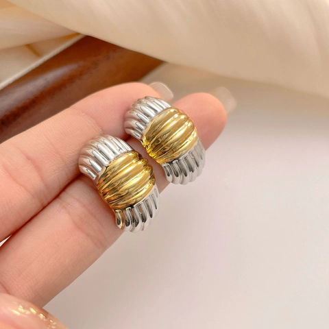Orecchini A Costine A Forma Di C Bicolore Con Perno In Argento Sterling 925 Rame Placcato Oro 18K Geometrici Retrò Donna